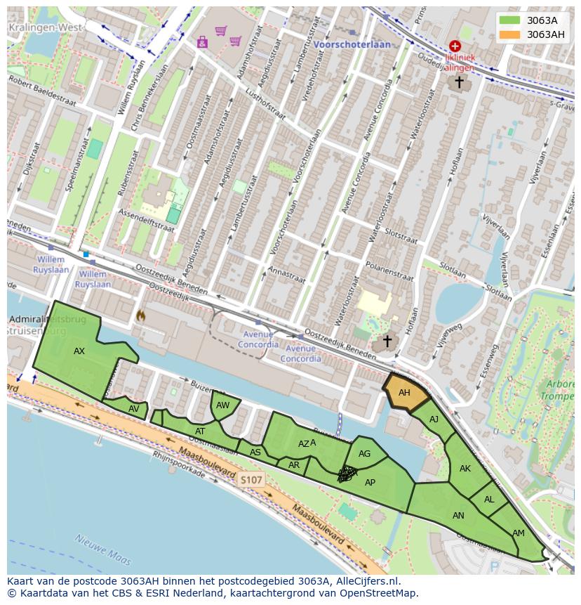 Afbeelding van het postcodegebied 3063 AH op de kaart.