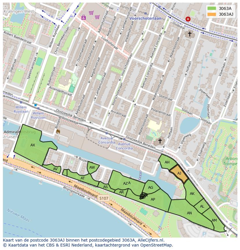 Afbeelding van het postcodegebied 3063 AJ op de kaart.
