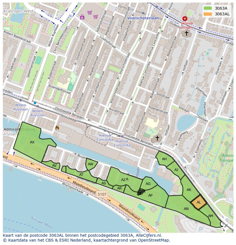 Afbeelding van het postcodegebied 3063 AL op de kaart.