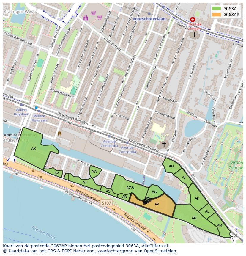 Afbeelding van het postcodegebied 3063 AP op de kaart.
