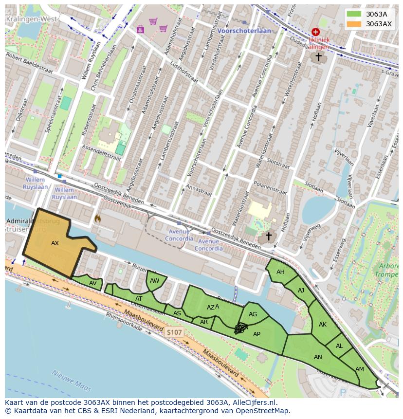 Afbeelding van het postcodegebied 3063 AX op de kaart.