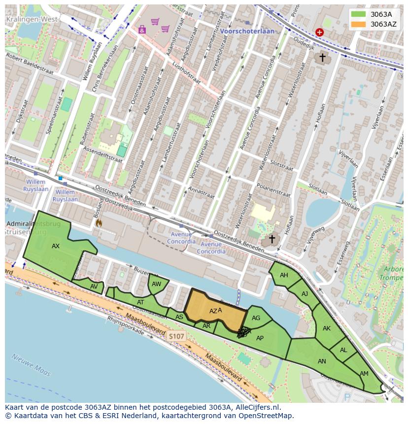Afbeelding van het postcodegebied 3063 AZ op de kaart.