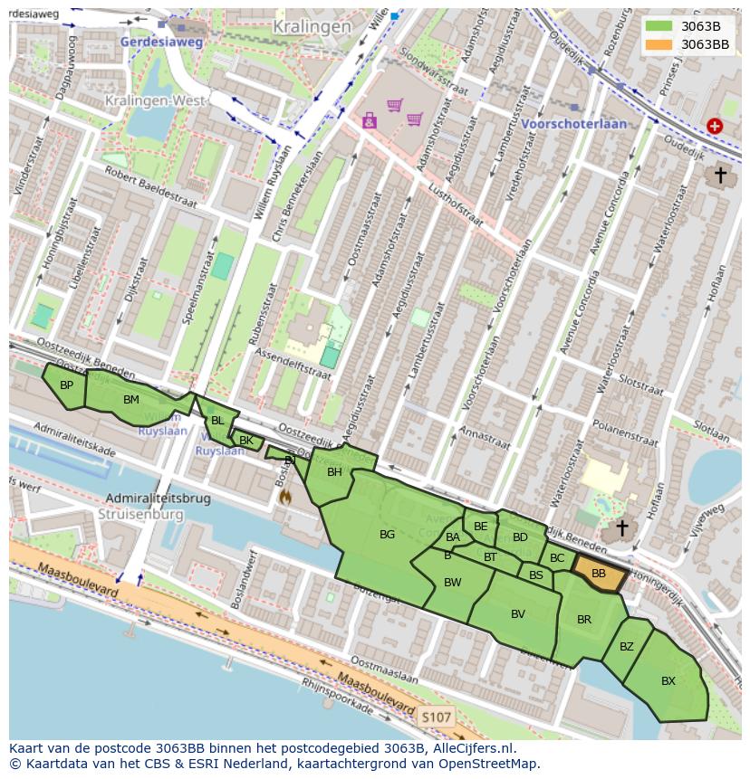 Afbeelding van het postcodegebied 3063 BB op de kaart.