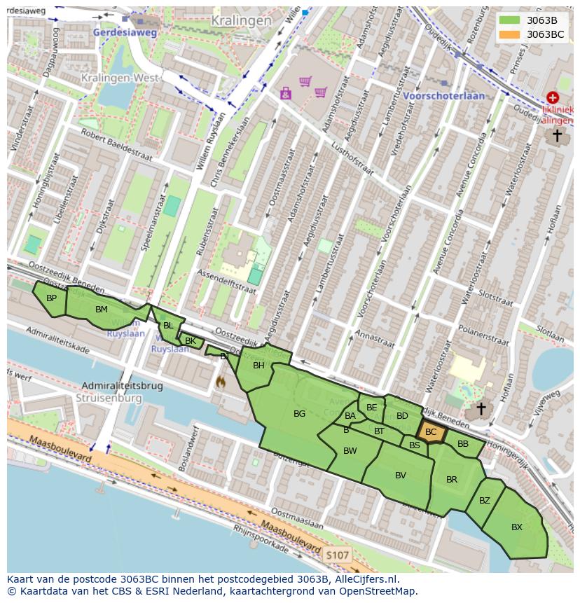 Afbeelding van het postcodegebied 3063 BC op de kaart.
