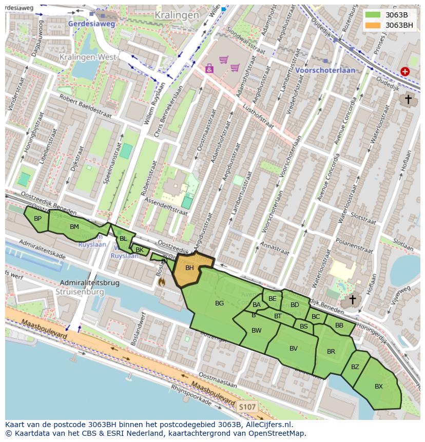 Afbeelding van het postcodegebied 3063 BH op de kaart.