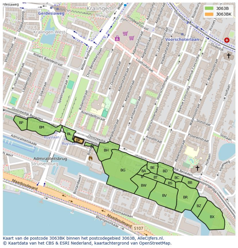Afbeelding van het postcodegebied 3063 BK op de kaart.