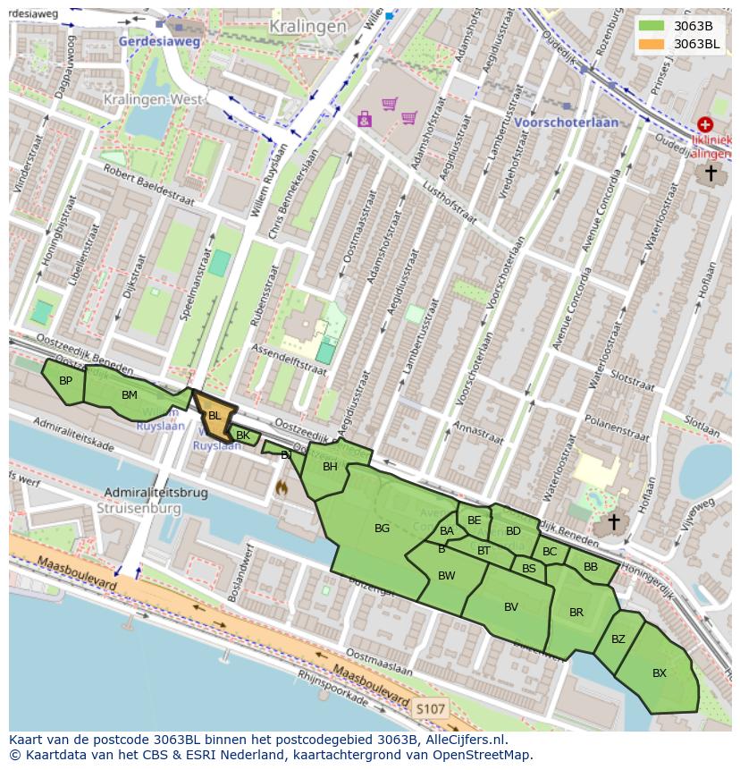 Afbeelding van het postcodegebied 3063 BL op de kaart.