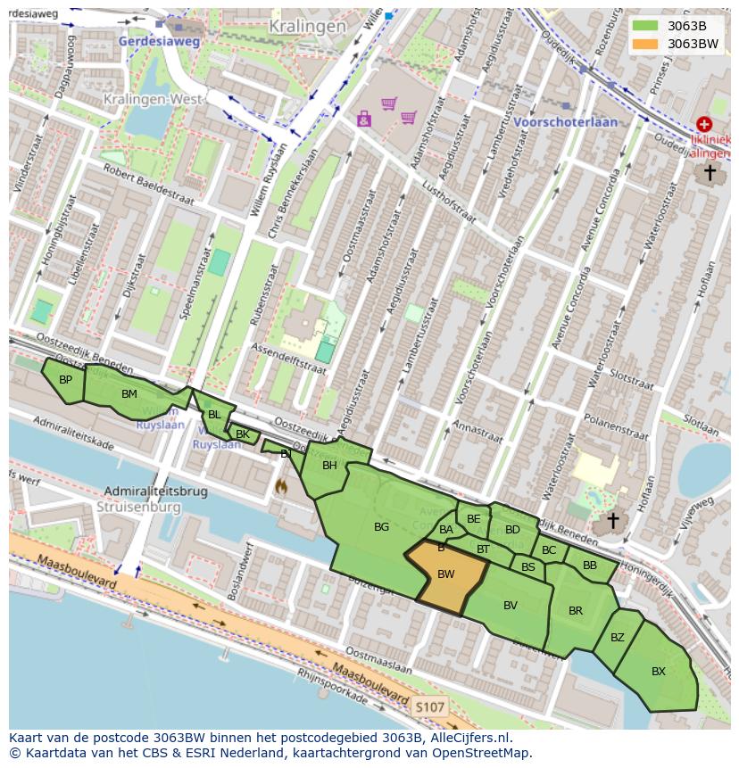 Afbeelding van het postcodegebied 3063 BW op de kaart.