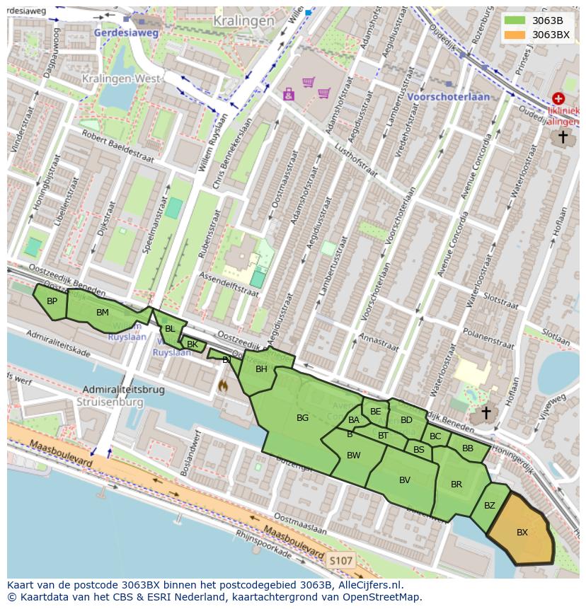 Afbeelding van het postcodegebied 3063 BX op de kaart.