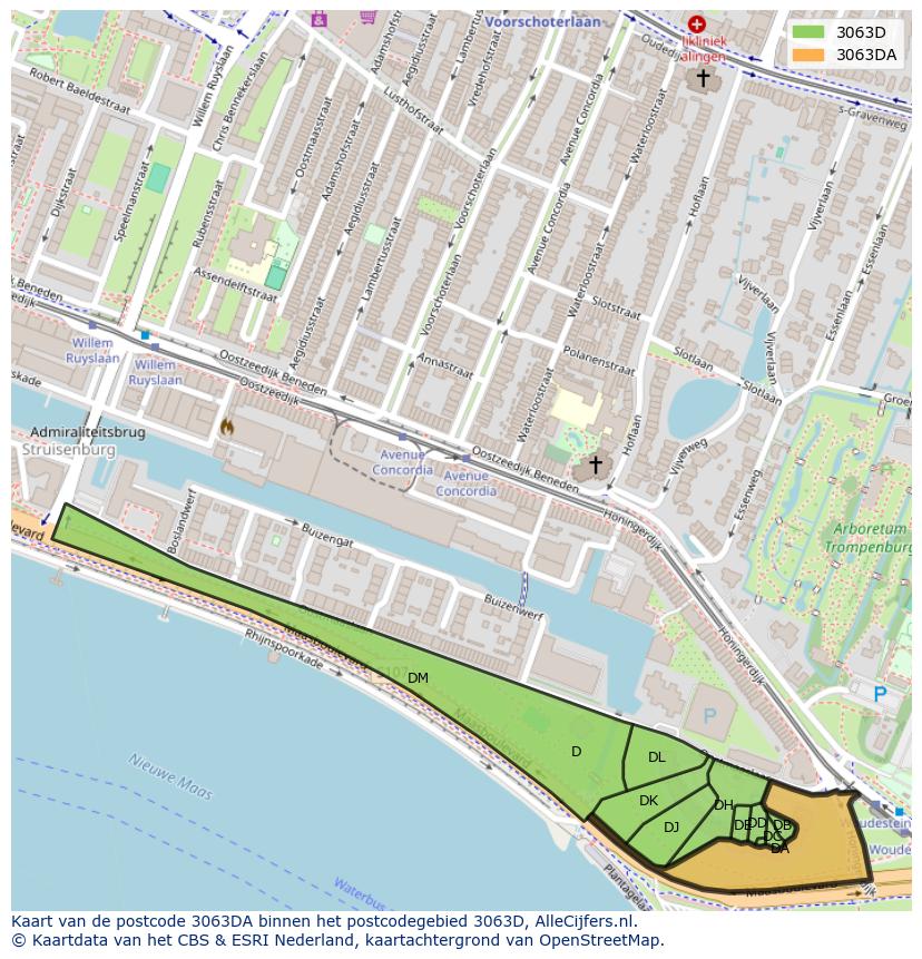 Afbeelding van het postcodegebied 3063 DA op de kaart.