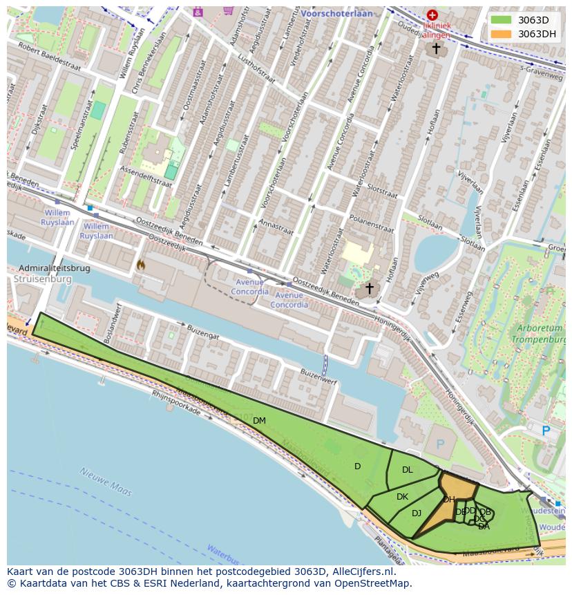 Afbeelding van het postcodegebied 3063 DH op de kaart.