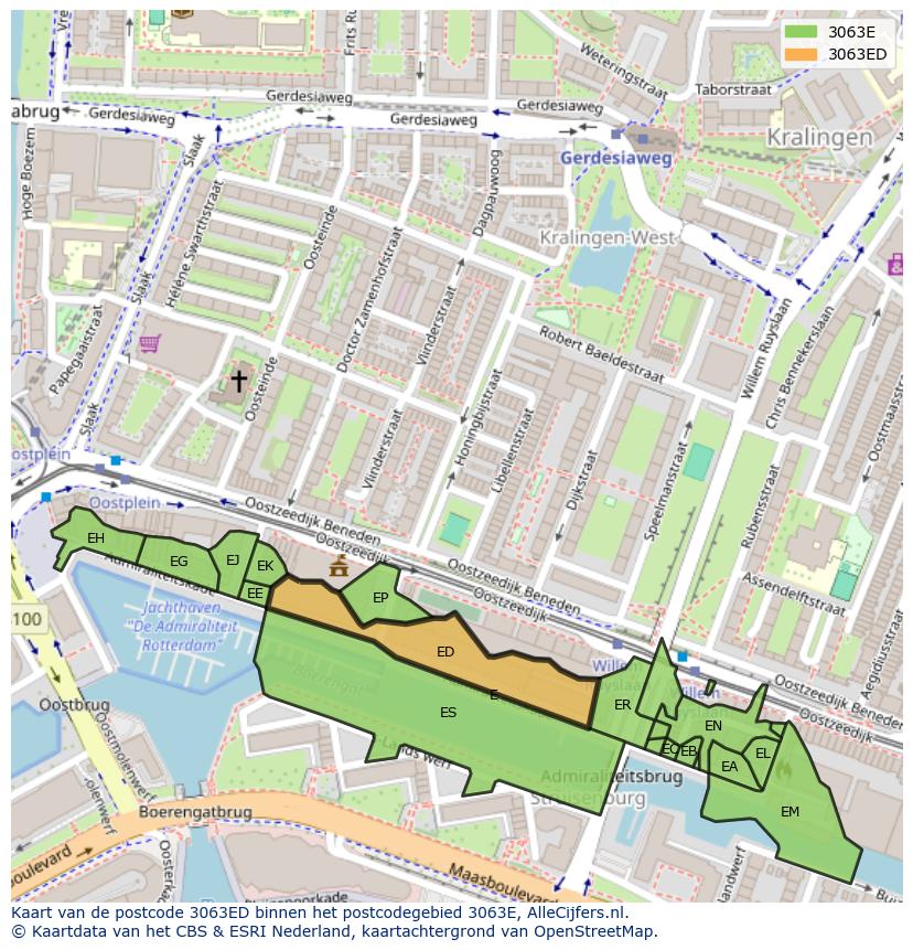Afbeelding van het postcodegebied 3063 ED op de kaart.