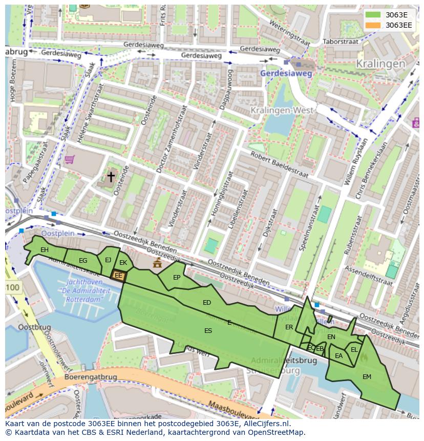 Afbeelding van het postcodegebied 3063 EE op de kaart.