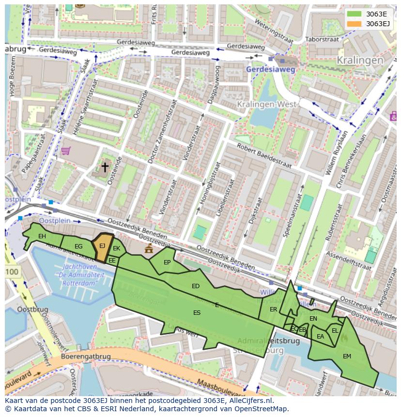 Afbeelding van het postcodegebied 3063 EJ op de kaart.