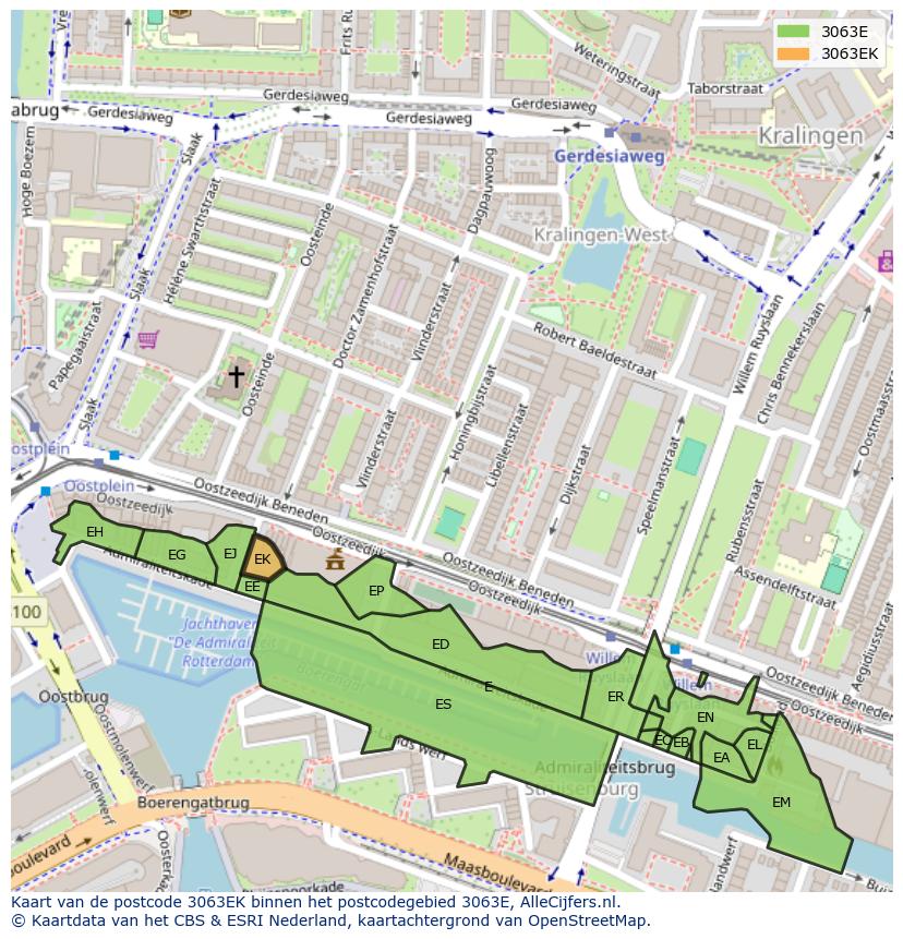 Afbeelding van het postcodegebied 3063 EK op de kaart.