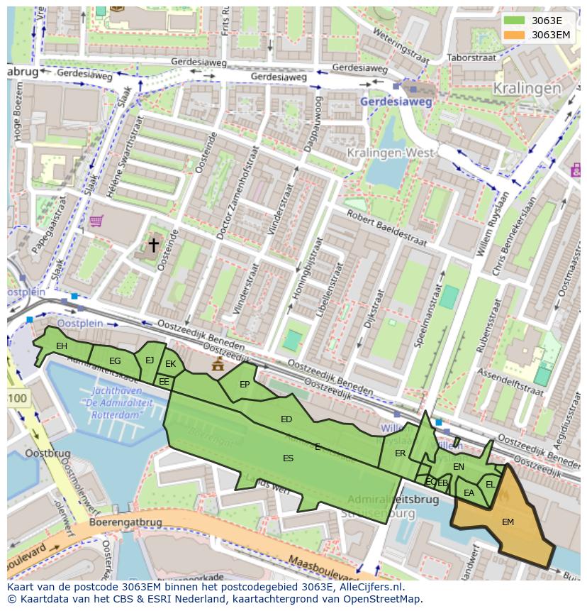 Afbeelding van het postcodegebied 3063 EM op de kaart.