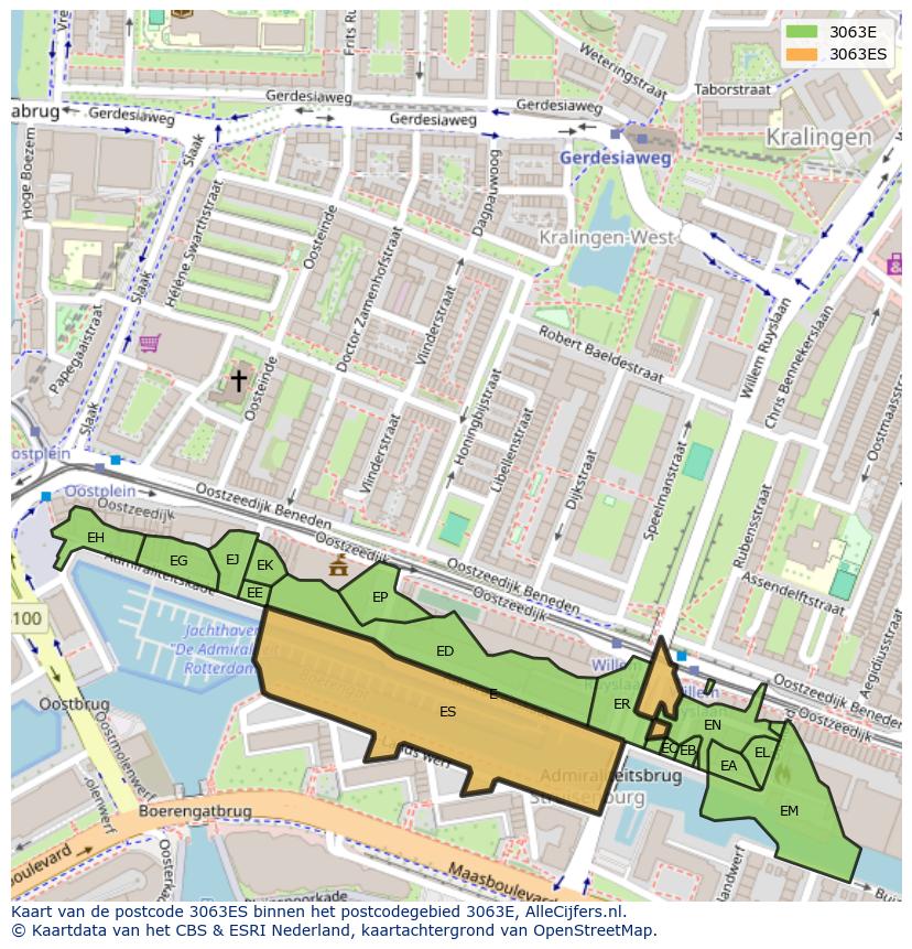 Afbeelding van het postcodegebied 3063 ES op de kaart.