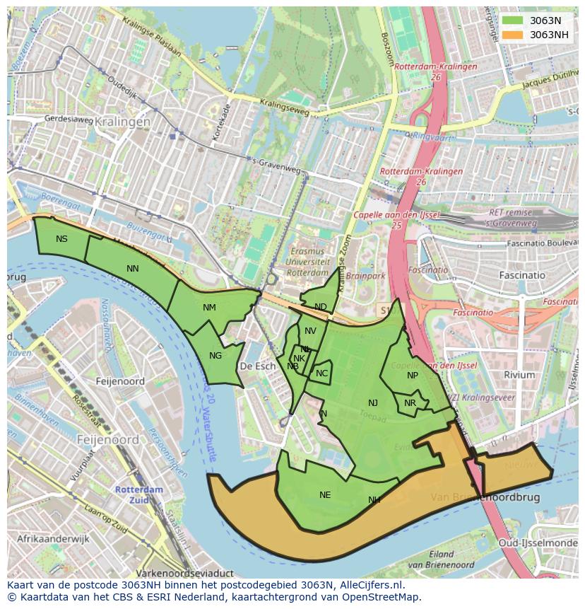 Afbeelding van het postcodegebied 3063 NH op de kaart.