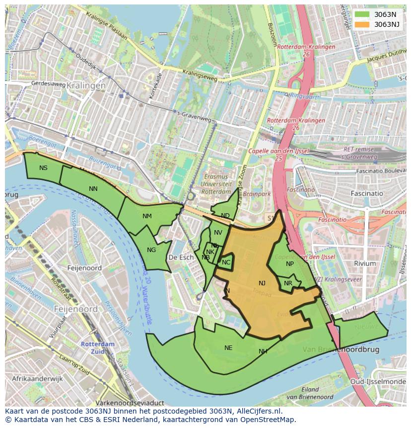 Afbeelding van het postcodegebied 3063 NJ op de kaart.