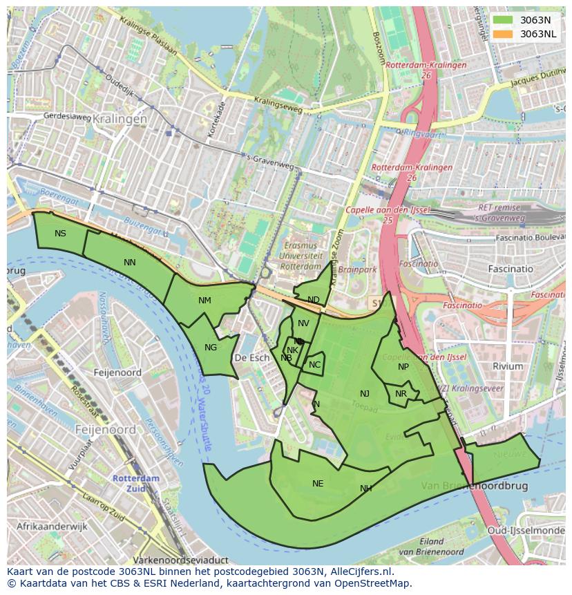 Afbeelding van het postcodegebied 3063 NL op de kaart.