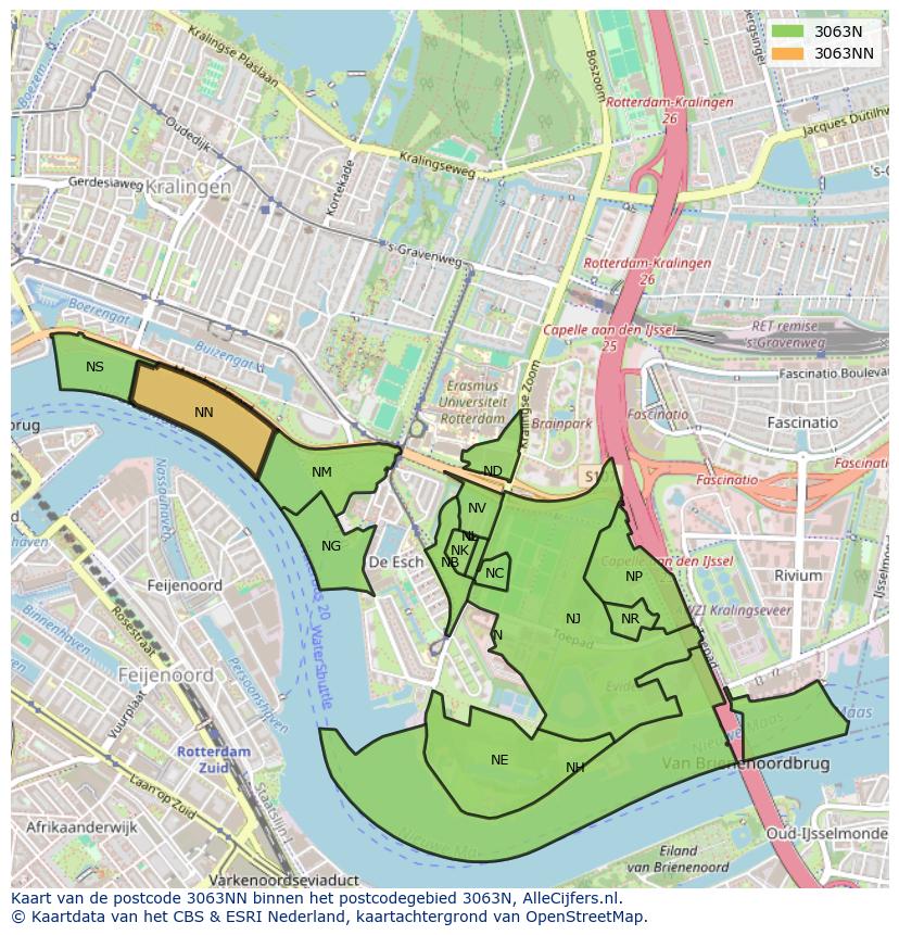 Afbeelding van het postcodegebied 3063 NN op de kaart.