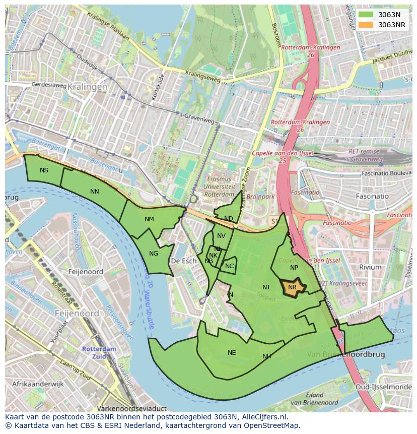 Afbeelding van het postcodegebied 3063 NR op de kaart.
