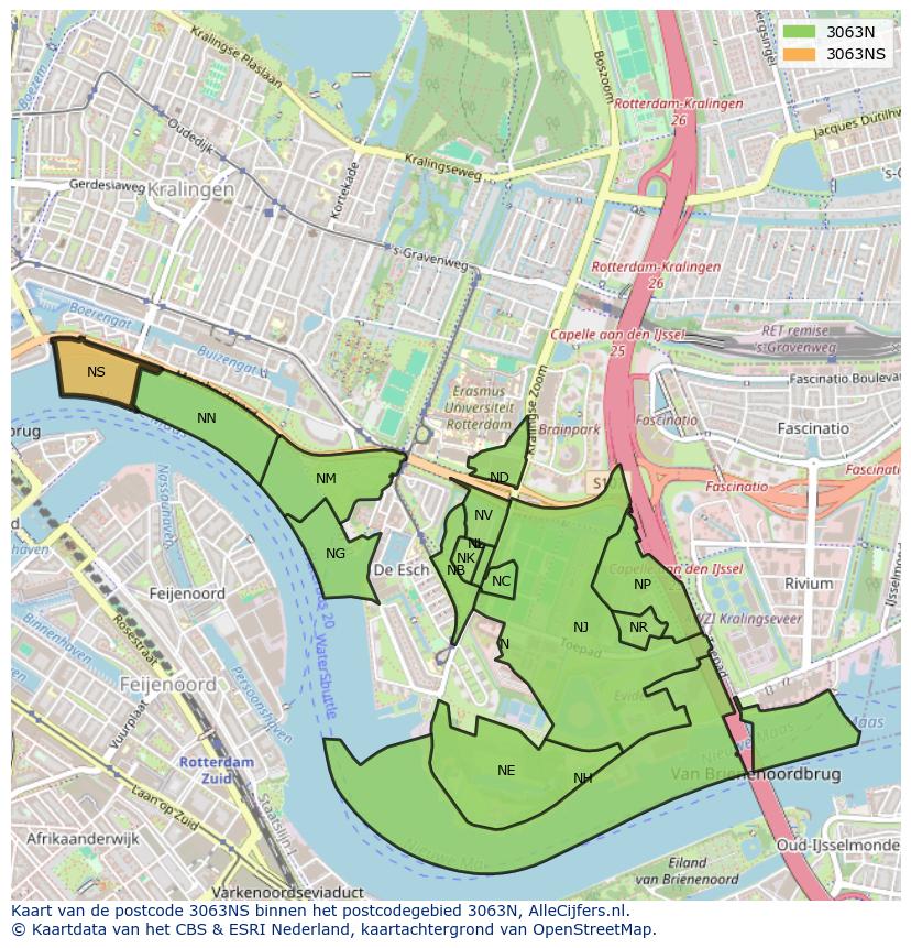 Afbeelding van het postcodegebied 3063 NS op de kaart.