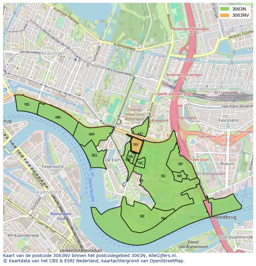 Afbeelding van het postcodegebied 3063 NV op de kaart.