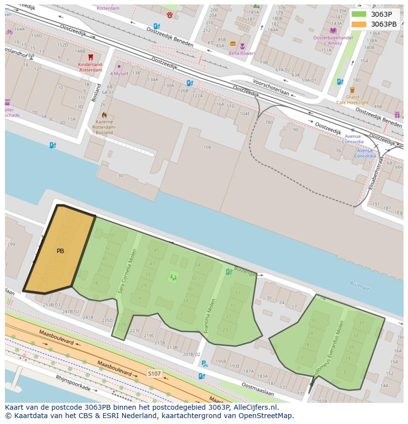 Afbeelding van het postcodegebied 3063 PB op de kaart.
