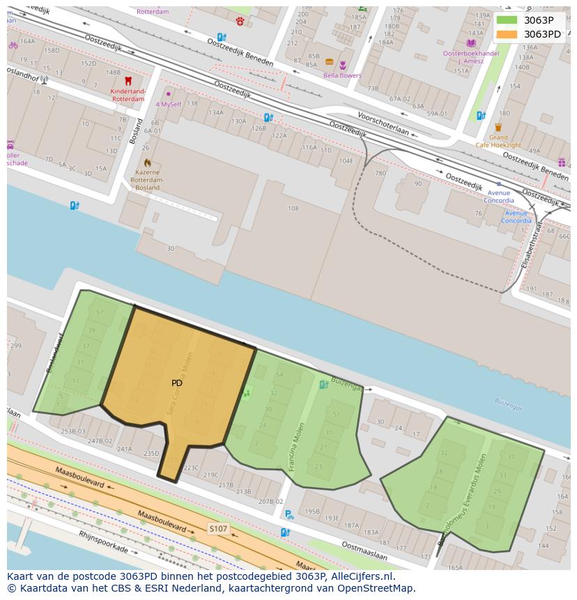 Afbeelding van het postcodegebied 3063 PD op de kaart.