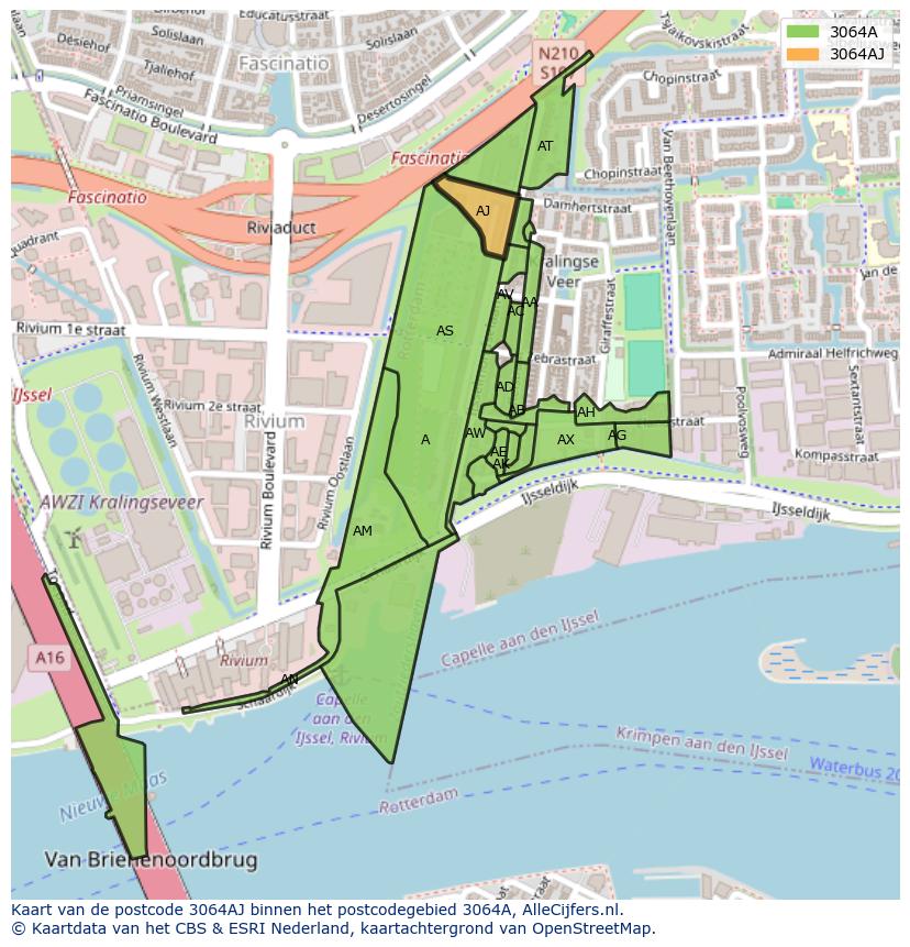 Afbeelding van het postcodegebied 3064 AJ op de kaart.