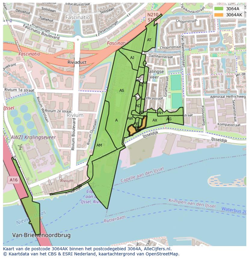 Afbeelding van het postcodegebied 3064 AK op de kaart.