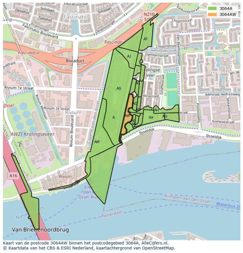 Afbeelding van het postcodegebied 3064 AW op de kaart.