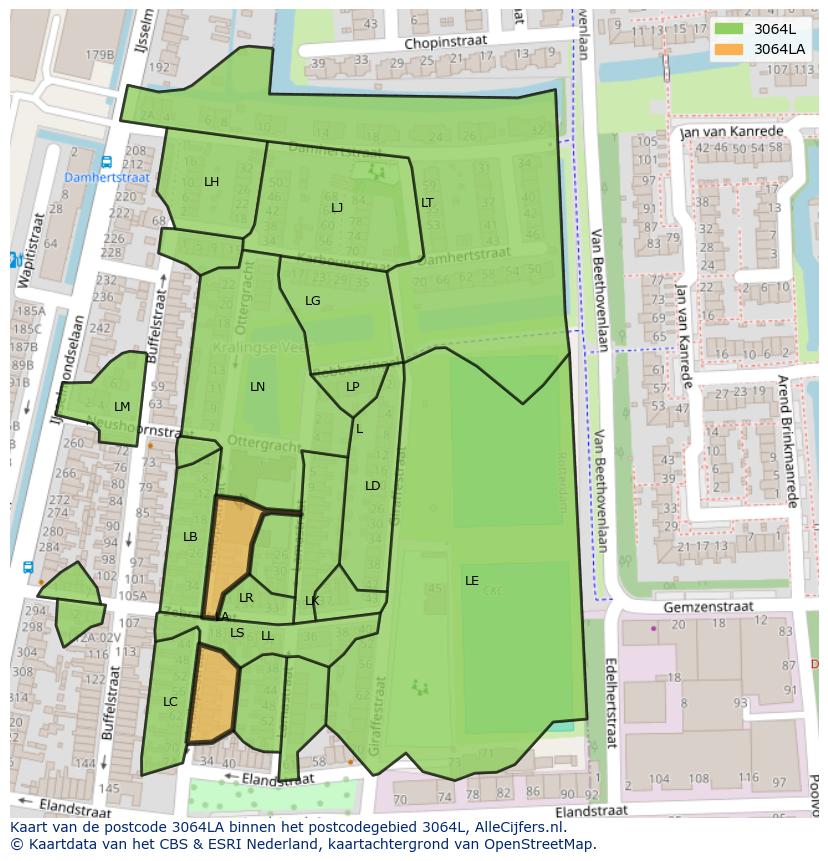 Afbeelding van het postcodegebied 3064 LA op de kaart.