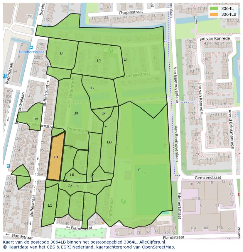 Afbeelding van het postcodegebied 3064 LB op de kaart.