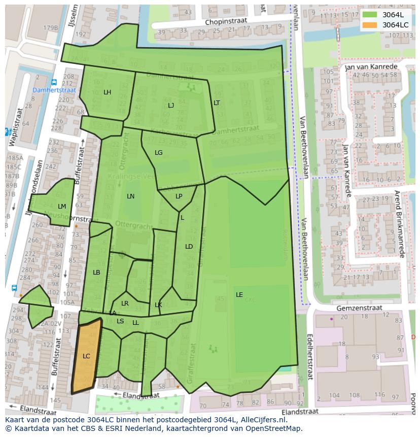 Afbeelding van het postcodegebied 3064 LC op de kaart.