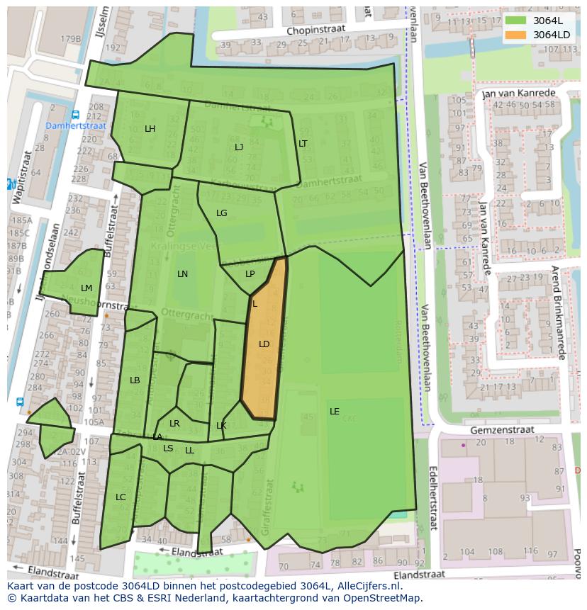 Afbeelding van het postcodegebied 3064 LD op de kaart.