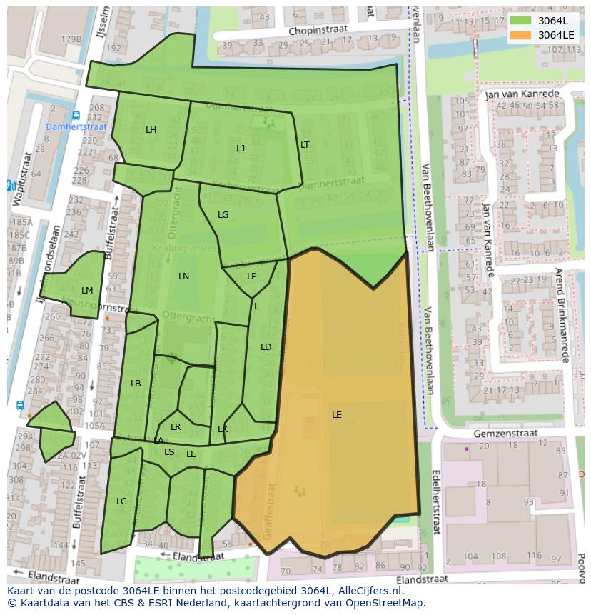 Afbeelding van het postcodegebied 3064 LE op de kaart.