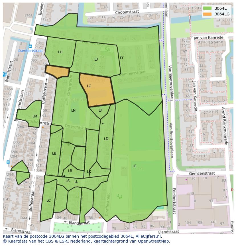 Afbeelding van het postcodegebied 3064 LG op de kaart.