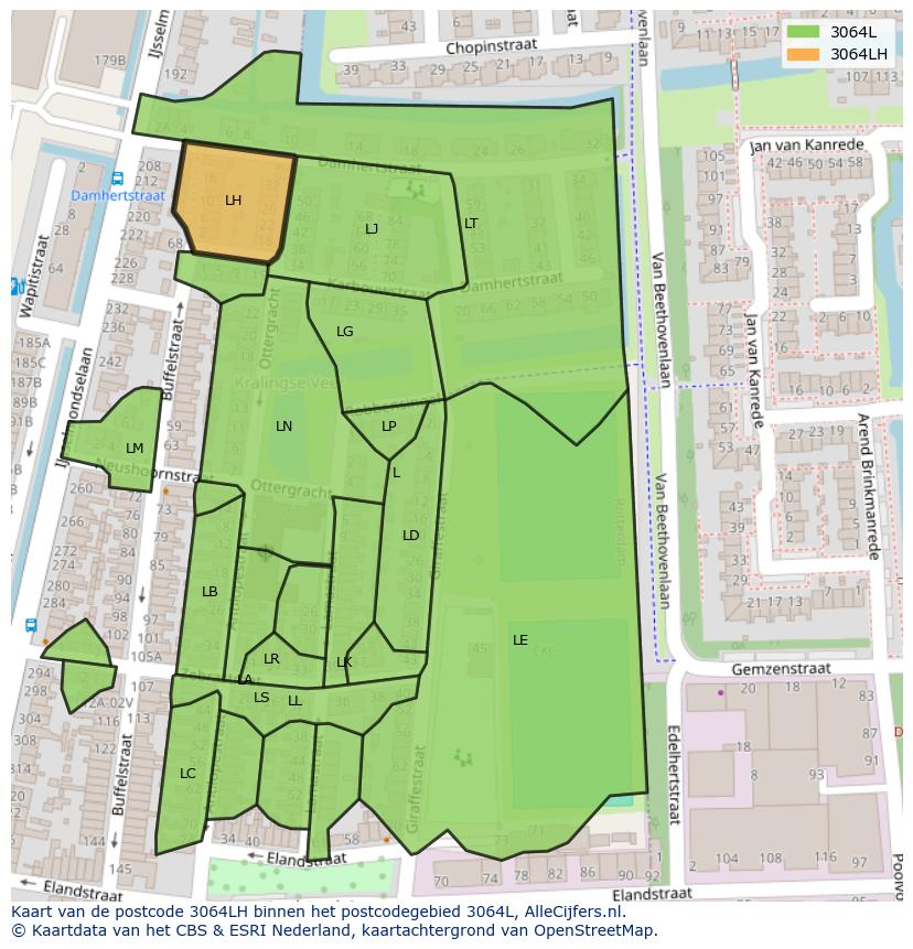 Afbeelding van het postcodegebied 3064 LH op de kaart.