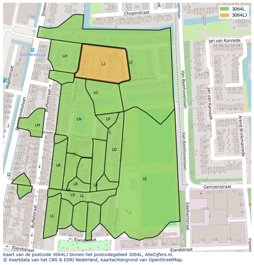 Afbeelding van het postcodegebied 3064 LJ op de kaart.
