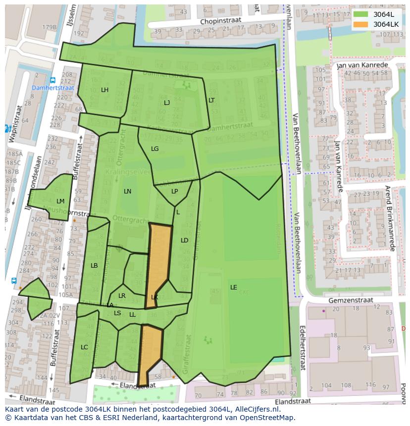Afbeelding van het postcodegebied 3064 LK op de kaart.