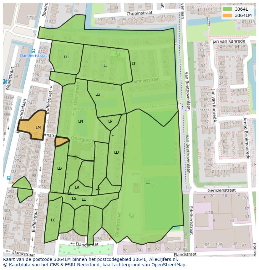 Afbeelding van het postcodegebied 3064 LM op de kaart.