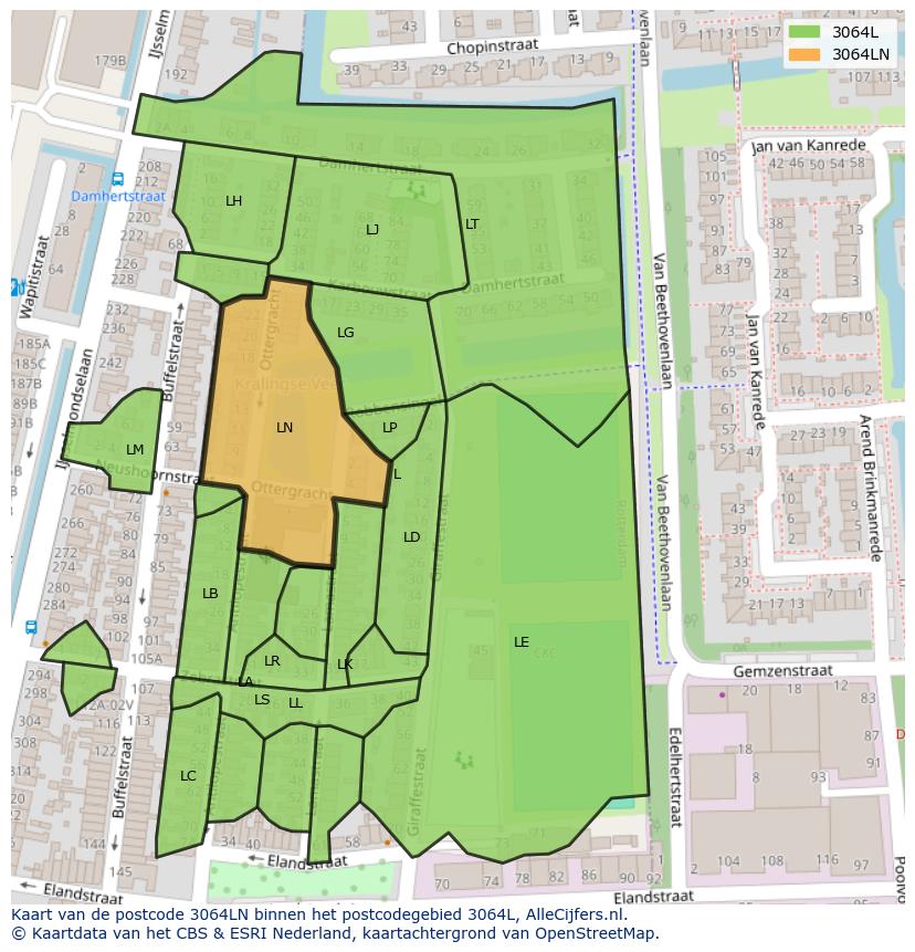 Afbeelding van het postcodegebied 3064 LN op de kaart.