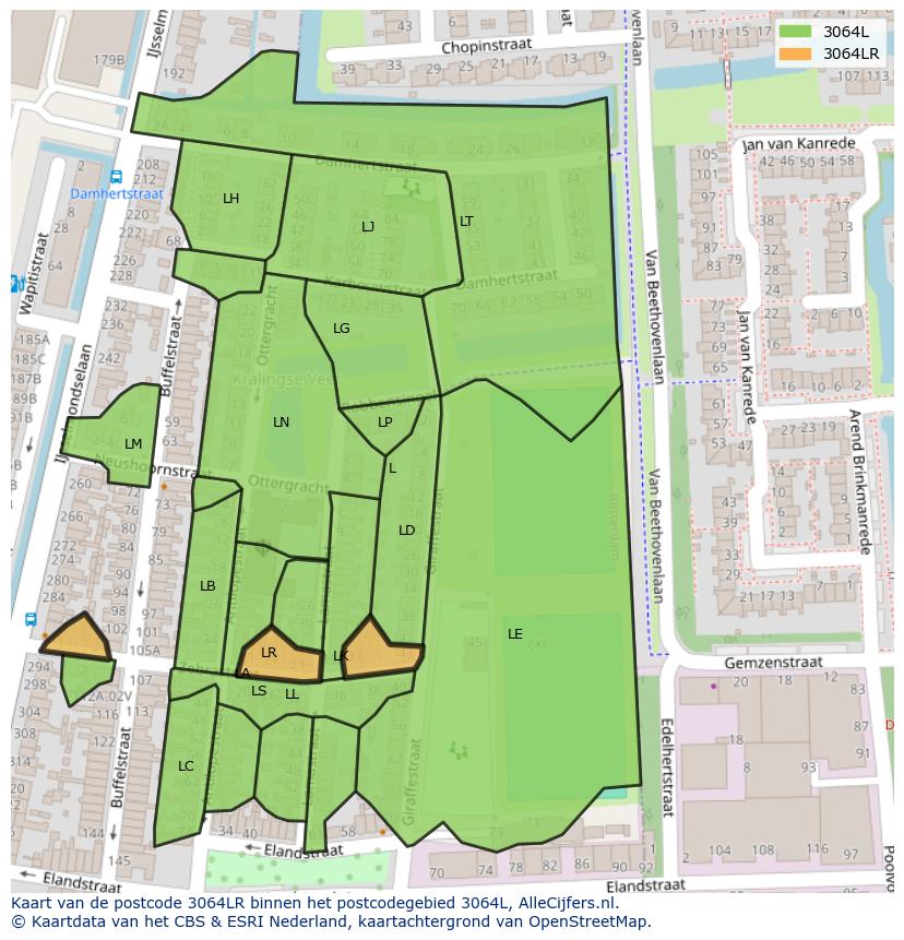 Afbeelding van het postcodegebied 3064 LR op de kaart.