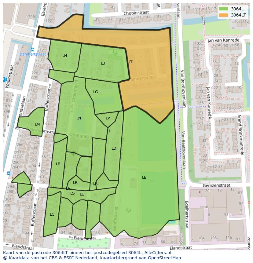 Afbeelding van het postcodegebied 3064 LT op de kaart.