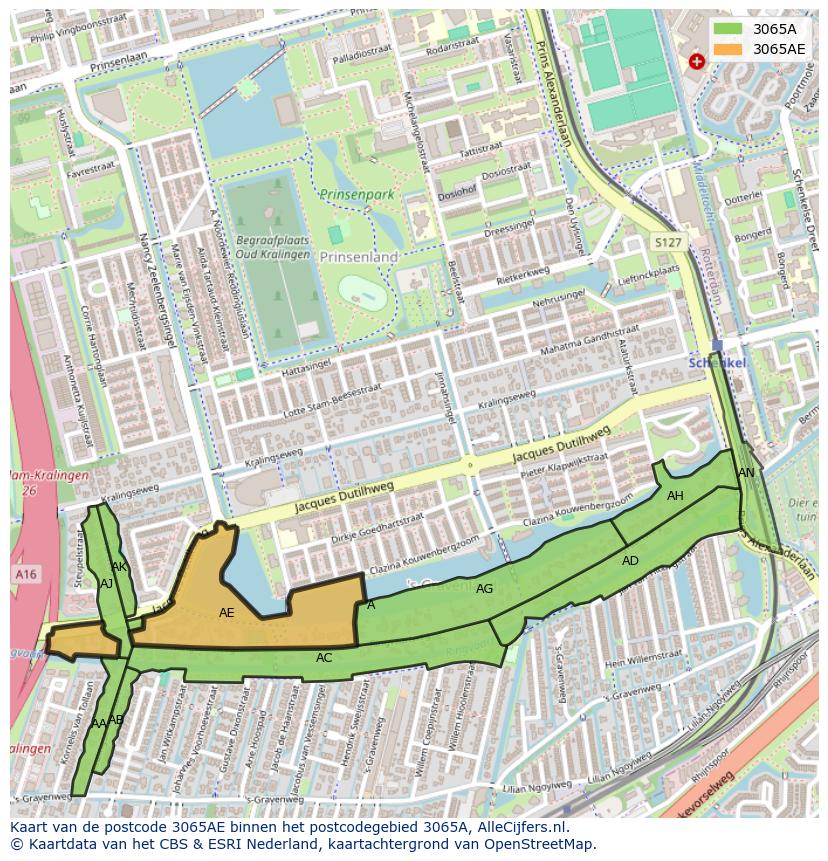 Afbeelding van het postcodegebied 3065 AE op de kaart.