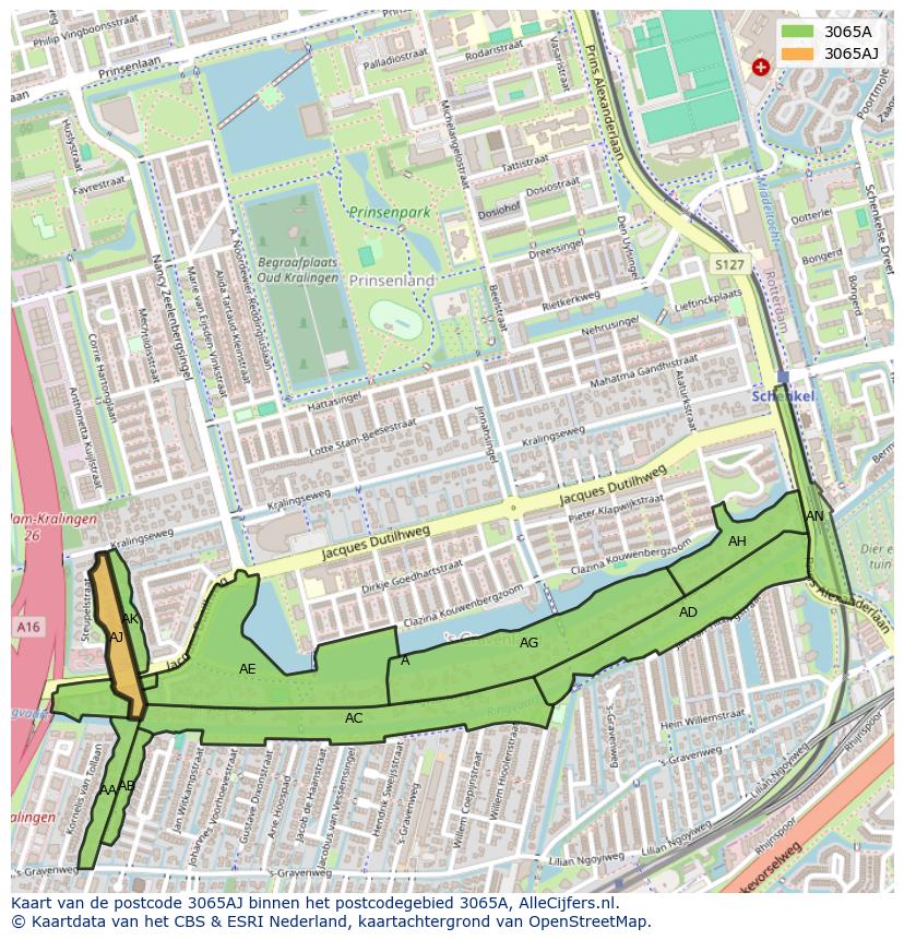Afbeelding van het postcodegebied 3065 AJ op de kaart.