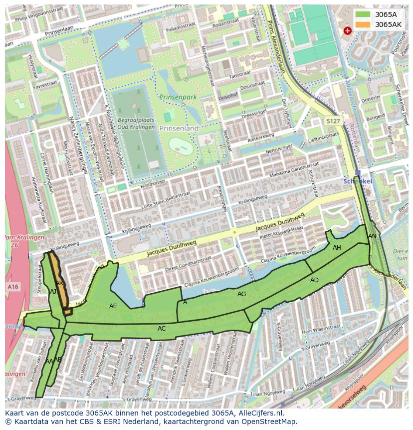 Afbeelding van het postcodegebied 3065 AK op de kaart.