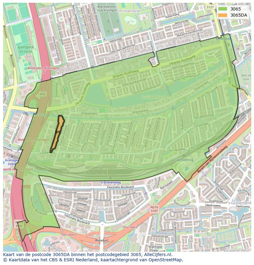 Afbeelding van het postcodegebied 3065 DA op de kaart.